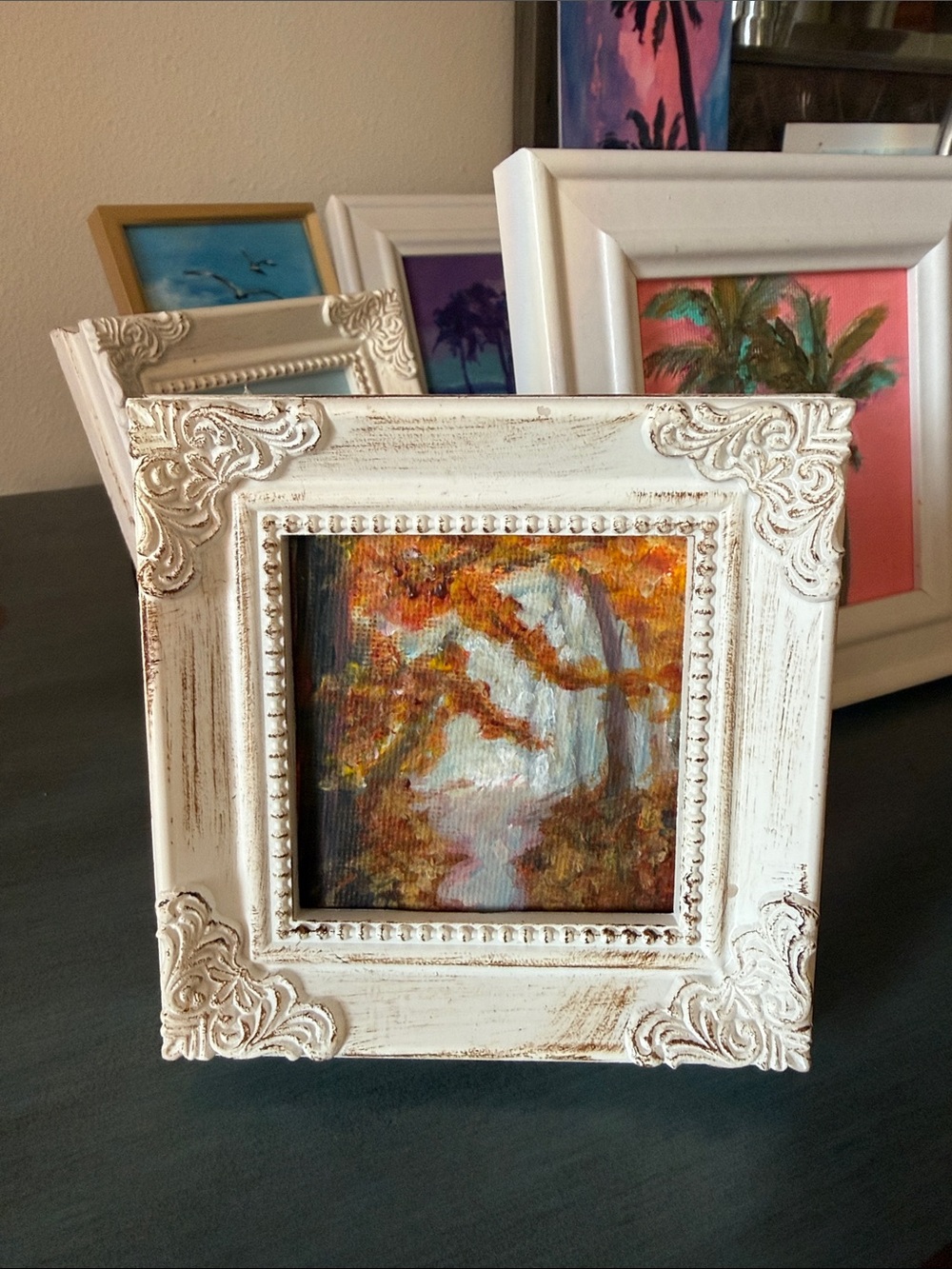 White Framed Autumn Path Mini Wall Art - Rustic Forest Scene